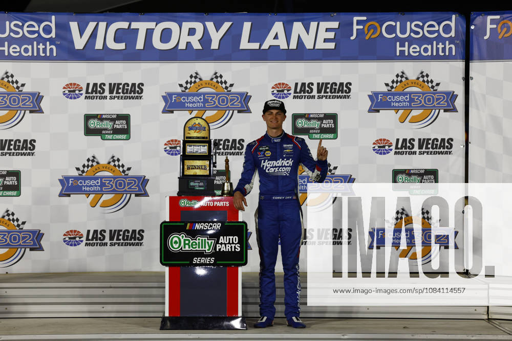 LAS VEGAS, CA - OCTOBER 03: Corey Day ( 17 Hendrick Motorsports HendrickCars.com Chevrolet) celebrates in victory lane with the trophy after winning the Focused Health 302 NASCAR, Motorsport, USA OReilly Auto Parts Series race on October 3, 2026, at Las Vegas Motor Speedway in Las Vegas, NV. (Photo by Jeff Speer LVMS Icon Sportswire) AUTO: OCT 03 NASCAR OReilly Auto Parts Series Focused Health 302 Icon26100319239