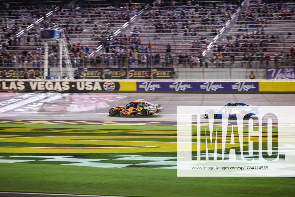 LAS VEGAS, NV - OCTOBER 03: Carson Kvapil ( 1 JR Motorsports Bass Pro Shops Chevrolet) passes Corey Day ( 17 Hendrick Motorsports HendrickCars.com Chevrolet) on the second to last lap of the OReilly Auto Parts Series Focused Health 302 on October 3, 2026, at Las Vegas Motor Speedway in Las Vegas, NV. (Photo by Christopher Trim Icon Sportswire) AUTO: OCT 03 NASCAR, Motorsport, USA OReilly Auto Parts Series Focused Health 302 Icon261003302020