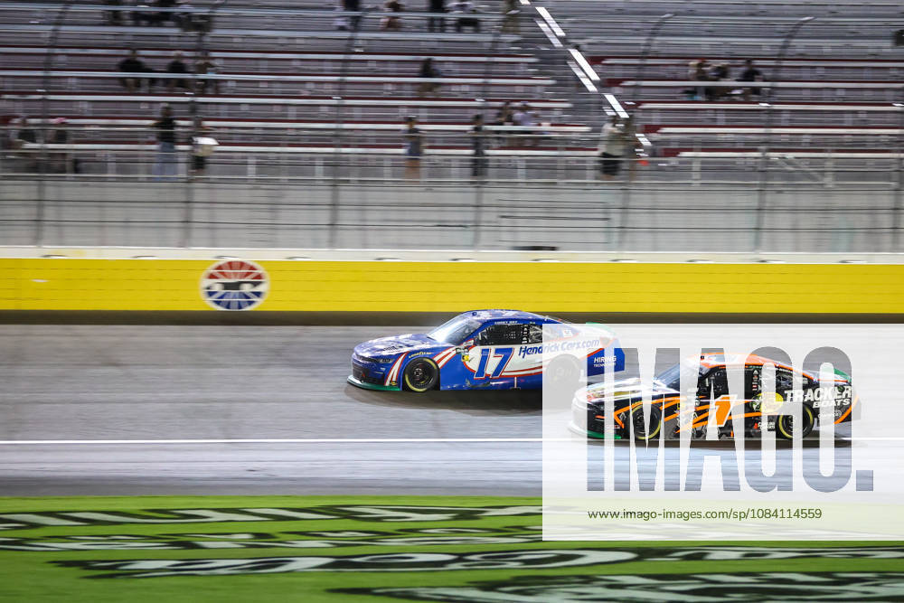 LAS VEGAS, NV - OCTOBER 03: Corey Day ( 17 Hendrick Motorsports HendrickCars.com Chevrolet) passes Carson Kvapil ( 1 JR Motorsports Bass Pro Shops Chevrolet) on the last lap of the OReilly Auto Parts Series Focused Health 302 on October 3, 2026, at Las Vegas Motor Speedway in Las Vegas, NV. (Photo by Christopher Trim Icon Sportswire) AUTO: OCT 03 NASCAR, Motorsport, USA OReilly Auto Parts Series Focused Health 302 Icon261003302021