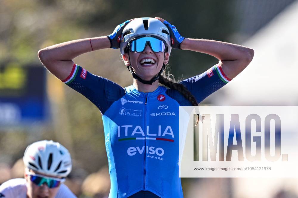 Italian Azzurra Ballan celebrates as she crosses the finish line to win the junior women Road Race race (66,3 km) at the cycling UEC Road European Championships, in Ljubljana, Slovenia Sunday 4 October 2026. The UEC Road European Championships are taking place from 02 to 07 October in Ljubljana, Slovenia. DAVIDxPINTENS x188683253x
