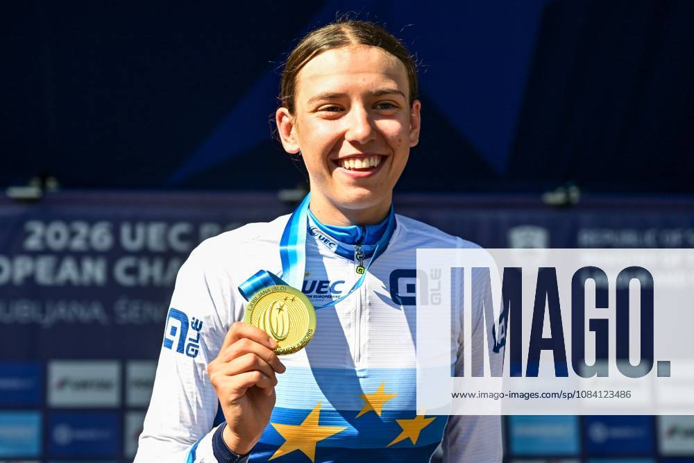Italian Azzurra Ballan , winner of the gold medal celebrates on the podium of the junior women Road Race race (66,3 km) at the cycling UEC Road European Championships, in Ljubljana, Slovenia Sunday 4 October 2026. The UEC Road European Championships are taking place from 02 to 07 October in Ljubljana, Slovenia. DAVIDxPINTENS x188684822x