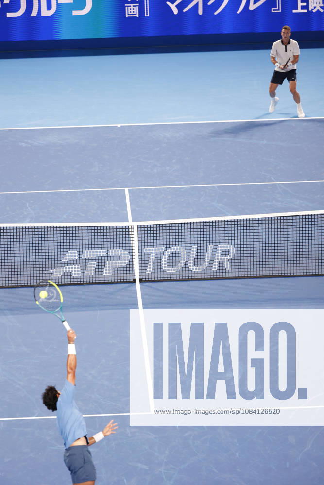 (From bottom to top) Adolfo Daniel Vallejo (Paraguay) serves against Jiri Lehecka (Czechia) during their quarterfinal match at the Kinoshita Group Japan Open Tennis Championships at Ariake Colosseum in Tokyo. The tournament runs from September 29 to October 6. Lehecka won 6-1, 6-1. Tennis 2026: Jiri Lehecka Battles Adolfo Daniel Vallejo In Japan Open - ZUMAm191 20261004_aap_m191_161