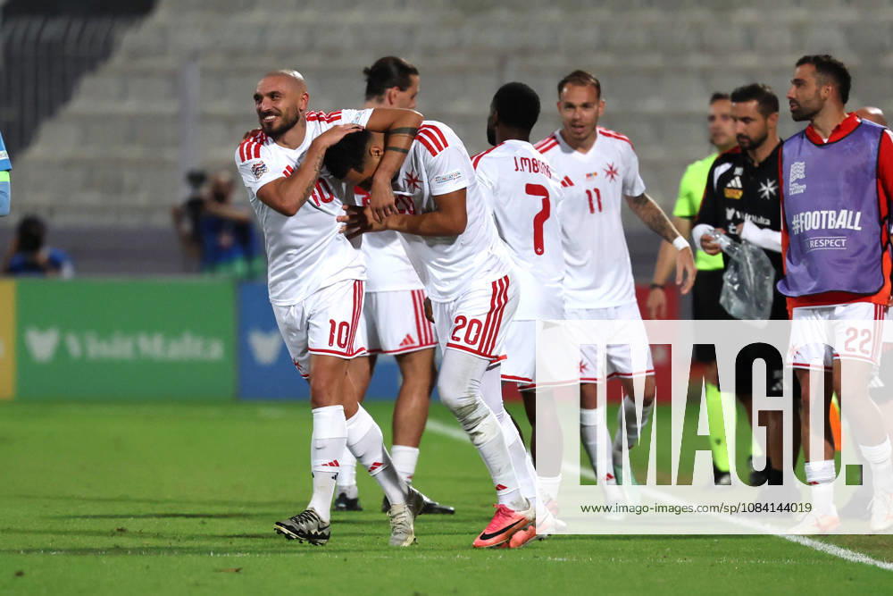 Teddy Teuma (left) of Malta celebrates scoring the 1-0 goal with team mate Ilyas Chouaref during the UEFA Nations League, League D, Group D1 match between Malta and Andorra at the National Stadium, in Ta Qali, Malta, on 04 October, 2026. UEFA Nations League, League D, Group D1 Qualifying; UEFA Nations League;