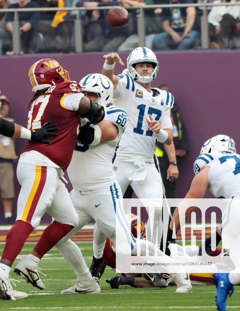 Indianapolis Colts Quarter Back Daniel Jones throws the football in their match against the Washington Commanders at Tottenham stadium in London on Sunday October 04, 2026. Colts beat the Commanders 30-13. LON2026100403 HUGOxPHILPOTT