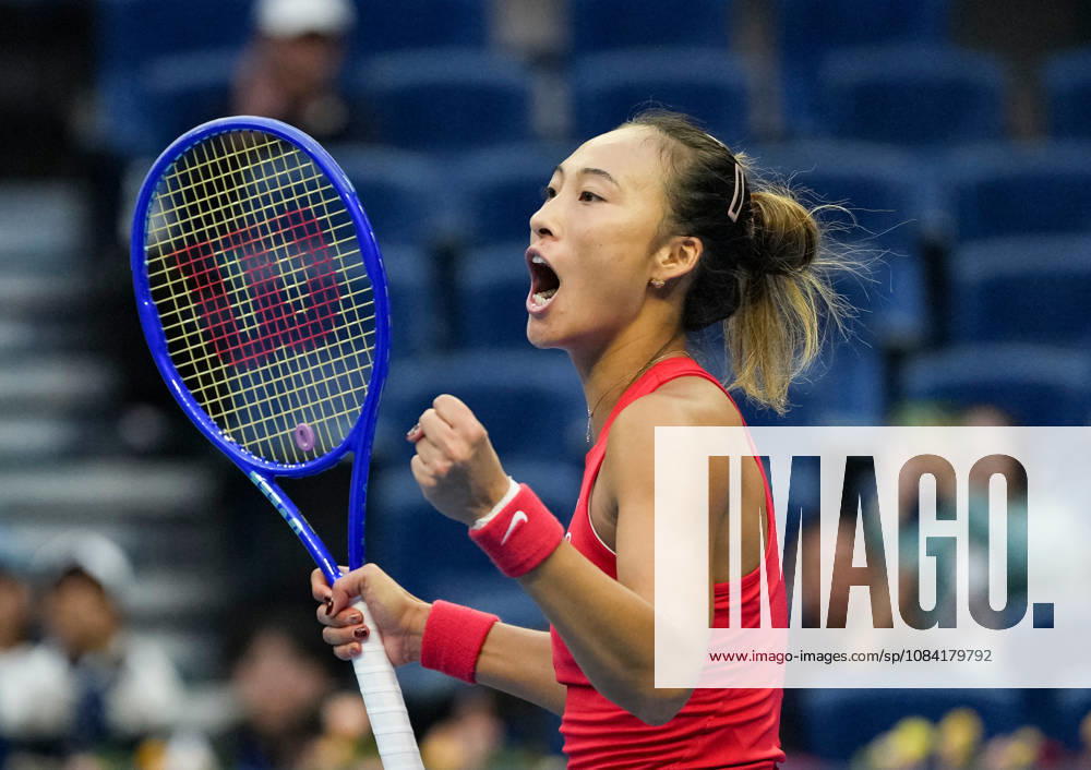 (261005) -- BEIJING, Oct. 5, 2026 -- Zheng Qinwen of China celebrates victory after winning the women s singles round of 32 match against Marie Bouzkova of the Czech Republic at 2026 China Open tennis tournament in Beijing, China, Oct. 5, 2026. ) (SP)CHINA-BEIJING-TENNIS-CHINA OPEN-WOMEN S SINGLES(CN) SunxFei