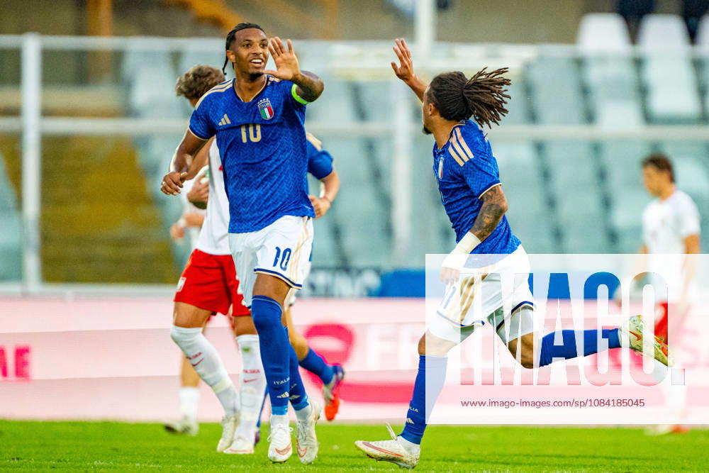 Luca Koleosho and Cher Ndour celebrating after scoring a goal seen during U21, U 21 U 21 U 21 U 21 2027 EURO Qualifying, EM, Europameisterschaft EM, Europameisterschaft EM, Europameisterschaft EM, Europameisterschaft game between national teams of Italy and Poland (Kazimierz Koper Ball Raw Images) Pescara Stadio Adriatico Italy