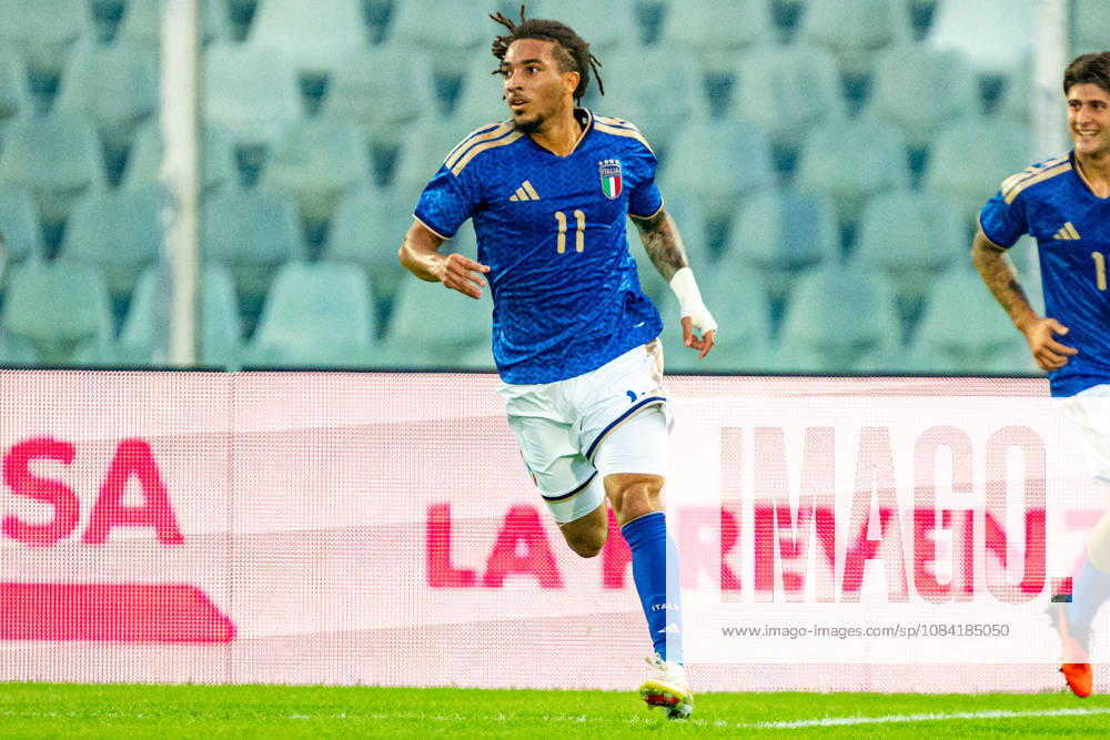 Luca Koleosho celebrating after scoring a goal seen during U21, U 21 U 21 U 21 U 21 2027 EURO Qualifying, EM, Europameisterschaft EM, Europameisterschaft EM, Europameisterschaft EM, Europameisterschaft game between national teams of Italy and Poland (Kazimierz Koper Ball Raw Images) Pescara Stadio Adriatico Italy