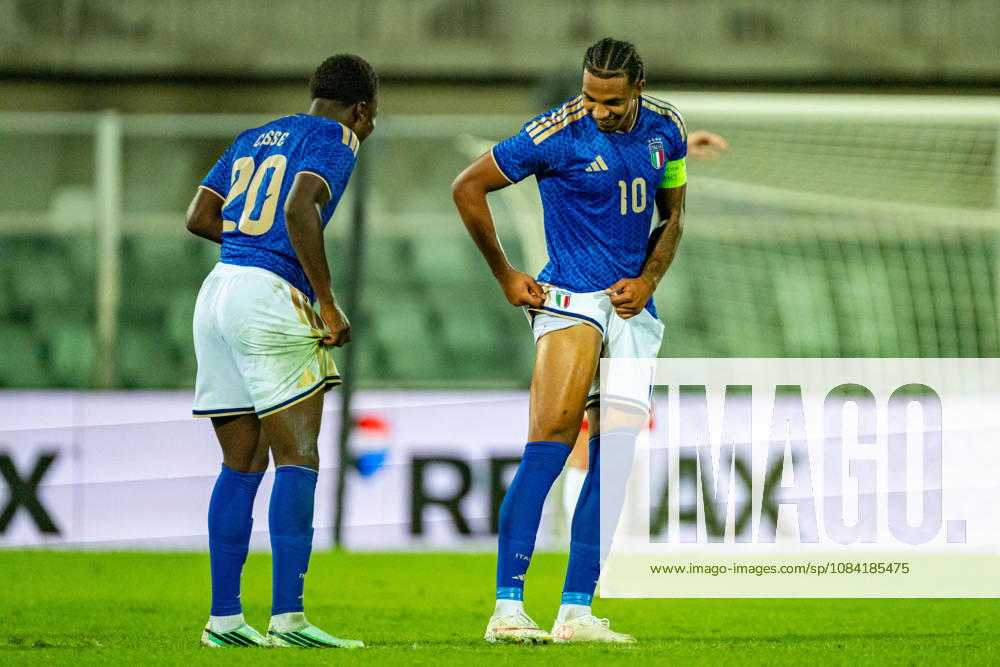 Cher Ndour and Alphadjo Cisse celebrating after scoring a goal seen during U21, U 21 U 21 U 21 U 21 2027 EURO Qualifying, EM, Europameisterschaft EM, Europameisterschaft EM, Europameisterschaft EM, Europameisterschaft game between national teams of Italy and Poland (Kazimierz Koper Ball Raw Images) Pescara Stadio Adriatico Italy