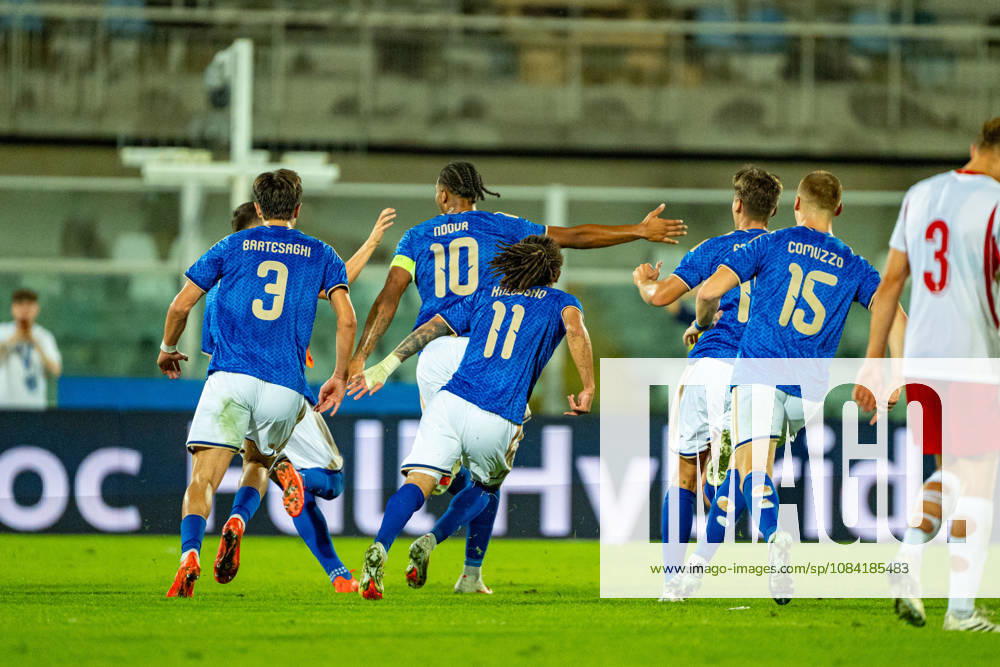 Cher Ndour celebrating after scoring a goal seen during U21, U 21 U 21 U 21 U 21 2027 EURO Qualifying, EM, Europameisterschaft EM, Europameisterschaft EM, Europameisterschaft EM, Europameisterschaft game between national teams of Italy and Poland (Kazimierz Koper Ball Raw Images) Pescara Stadio Adriatico Italy