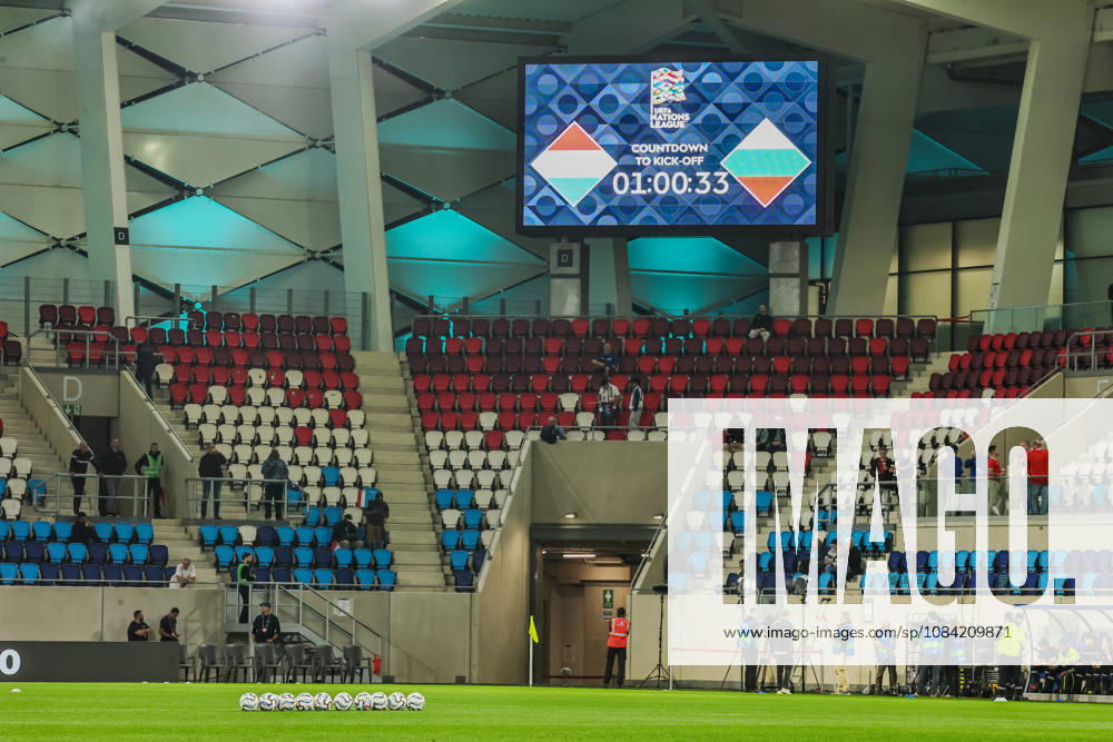 LUX, Soccer, Men s, Nations League, Matchday 4, Luxembourg vs. Bulgaria—scoreboard and video wall displaying the countdown before kickoff—Stade de Luxembourg, Gasperich, Luxembourg