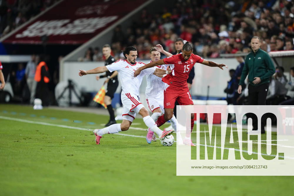 Eljif Elmas (7 MKD) and Ezgjan Alioski (8 MKD) against Mohameth Djibril Ibrahima Sow (15 SUI) during the UEFA Nations League match between Switzerland and North Macedonia at thermoplan arena on October 06, 2026 in Luzern, Switzerland.