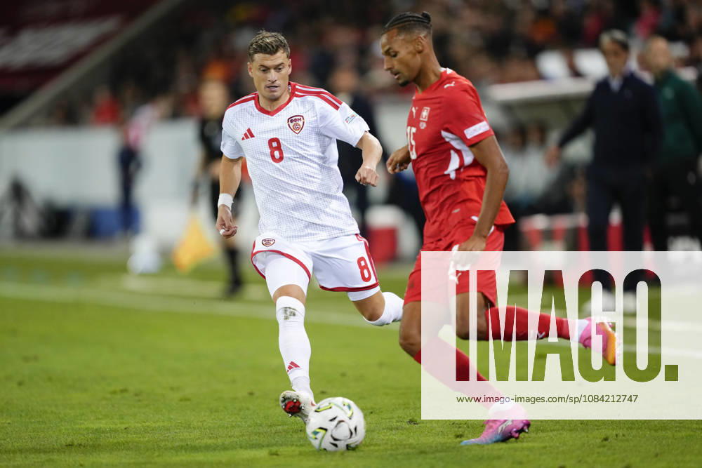 Mohameth Djibril Ibrahima Sow (15 SUI) against Ezgjan Alioski (8 MKD) during the UEFA Nations League match between Switzerland and North Macedonia at thermoplan arena on October 06, 2026 in Luzern, Switzerland.