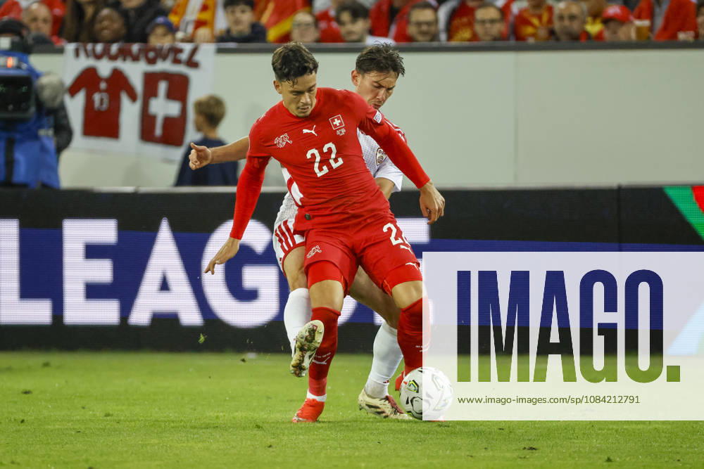 Fabian Rieder of Switzerland, 22, and Dimitar Mitrovski of North Macedonia, 20, in a one-on-one battle; Switzerland, UEFA, Nations League, Matchday 4, Switzerland vs. North Macedonia, October 6, 2026, Swissporarena, Lucerne, Switzerland