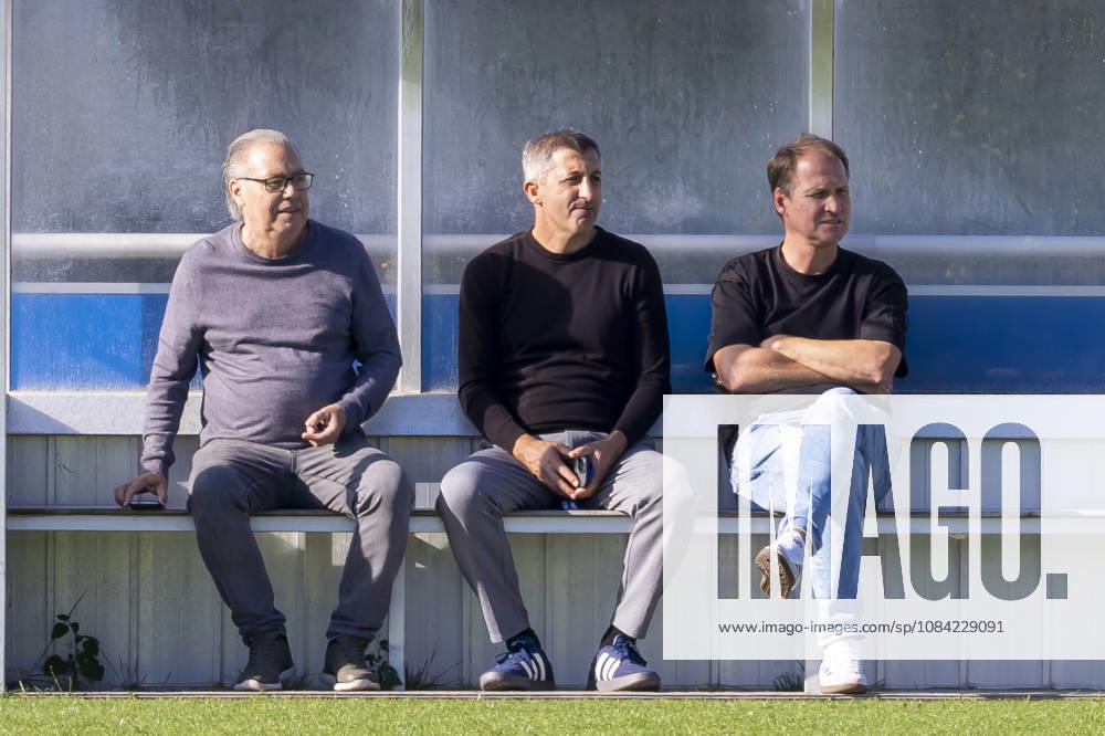 Soccer, FC Schalke 04 training session; from left: Scout Manfred Manni Dubski, FC Schalke 04; Director of Sports, NLZ, Ayhan Tumani, FC Schalke 04; Till Beckmann, Administrative Director of the NLZ at FC Schalke 04, Gelsenkirchen; FC Schalke 04 training facility, North Rhine-Westphalia, Germany; xRHR PHOTO YYx