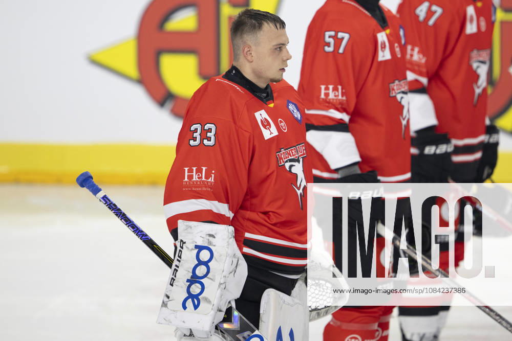CHL Cologne Sharks vs. Herning Blue Fox, Cologne, October 7, 2026; Nico Wiens, Cologne Sharks, goaltender, 33; CHL Cologne Sharks vs. Herning Blue Fox on October 7, 2026, at the Lanxess Arena in Cologne, Germany