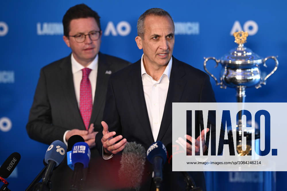 TENNIS AUSTRALIAN OPEN LAUNCH, Victorian Minister for Major Events Anthony Carbines (left) and Tennis Australia CEO Andrew Abdo speak during the launch of the 2027 Australian Open tennis tournament, in Melbourne, Thursday, October 8, 2026. ( NO ARCHIVING MELBOURNE VICTORIA Australia