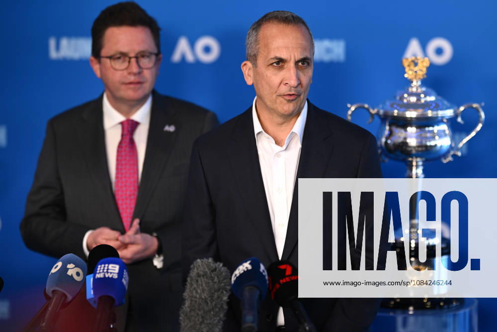 TENNIS AUSTRALIAN OPEN LAUNCH, Victorian Minister for Major Events Anthony Carbines (left) and Tennis Australia CEO Andrew Abdo speak during the launch of the 2027 Australian Open tennis tournament, in Melbourne, Thursday, October 8, 2026. ( NO ARCHIVING MELBOURNE VICTORIA Australia