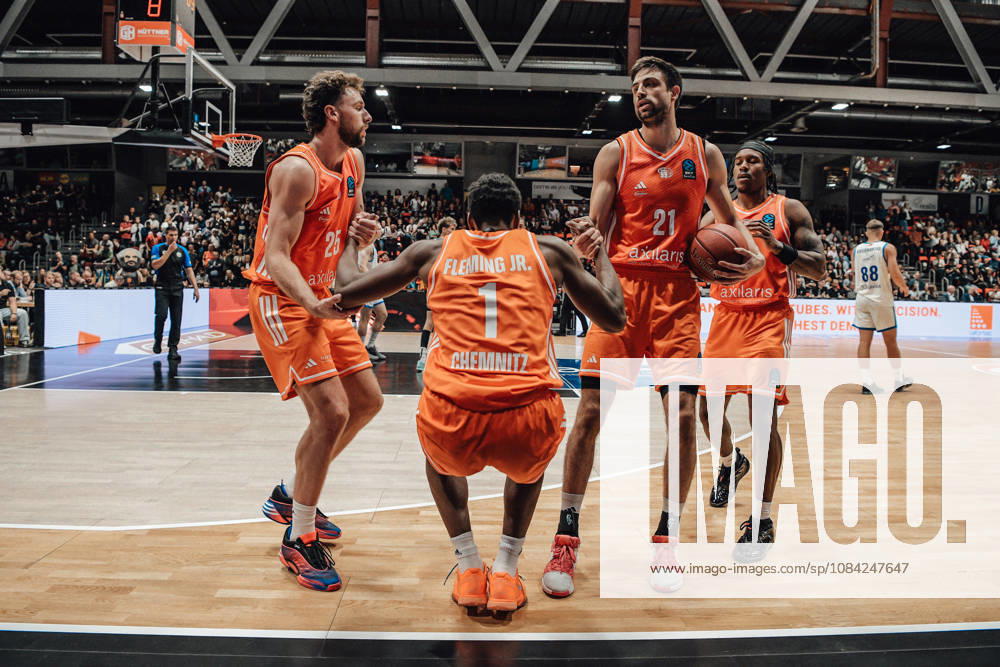 Game Day 2 of the Basketball Eurocup: Niners Chemnitz vs. Klaipedos Neptunas, October 7, 2026, starting at 7:00 p.m., Chemnitz, Chemnitz Arena. Pictured: No. 25 Ben Burnham, No. 21 Arnas Berucka, 01 Phlandrous Fleming Jr. Matchday 2 of the Basketball EuroCup: Niners Chemnitz vs. Klaipedos Neptunas, Chemnitz, Saxony, Germany