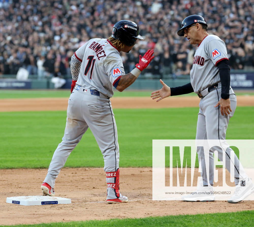 The Cleveland Guardians Jose Ramirez (11) is congratulated following his two-run triple in the eighth inning against the Chicago White Sox in Game 3 of the American League Division Series at Rate Field on Wednesday, Oct. 7, 2026, in Chicago. ( Chicago Tribune TNS) SPORTS-BBA-GUARDIANS-WHITESOX-3-TB - ZUMAARDI 0868872929st