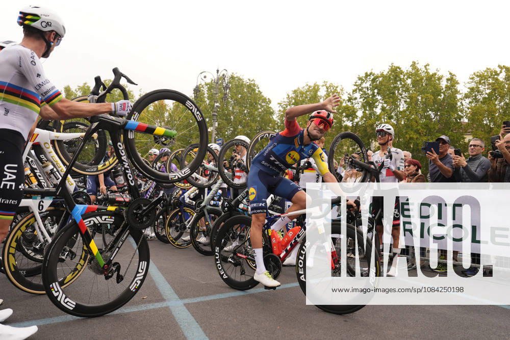Riders bid farewell to Jacopo Mosca for the final race of his career during the 110th edition of the Gran Piemonte 2026 a 185 km one day race from Asti to Bra on October 08, 2026, Italy.