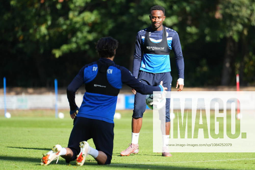 German Soccer, Training Session, 3rd Division, 2026–2027 Season, NVB Campus B, Hänsch Arena Field, SV Meppen, Thursday, October 8, 2026, morning training session with Nikell Touglo of SV Meppen, 20, standing in front of Ersin Zehir of SV Meppen, who is kneeling on the ground, 6