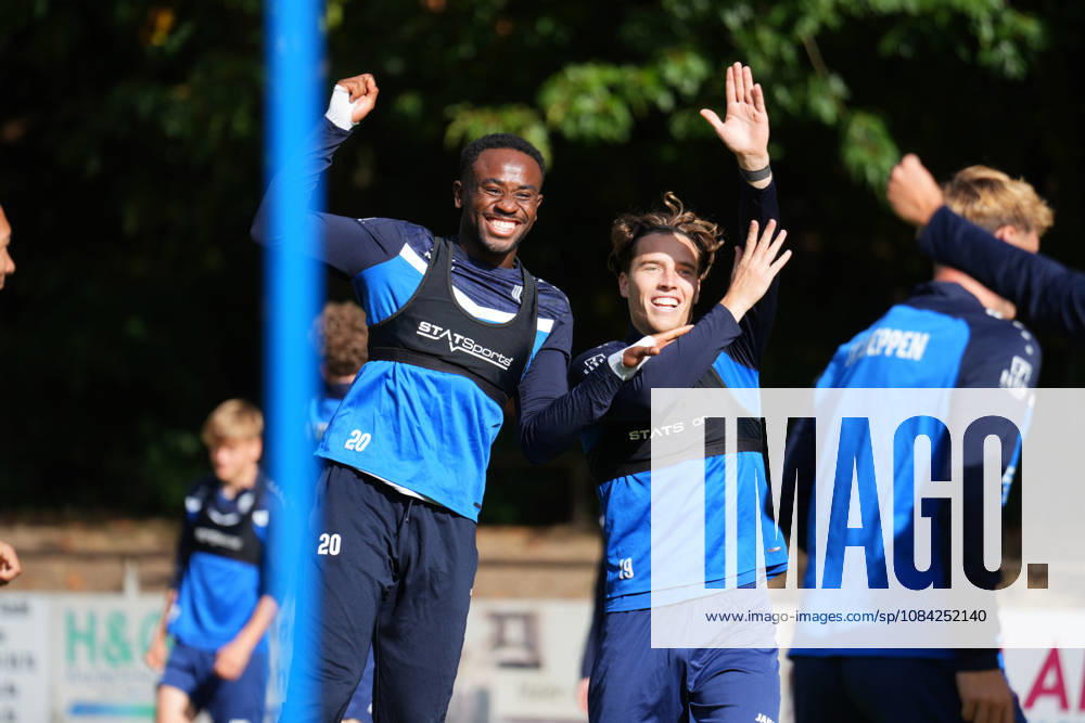 German Soccer, Training Session, 3rd Division, 2026–2027 Season, NVB Campus B, Hänsch Arena Field, SV Meppen, Thursday, October 8, 2026, morning training session: Nikell Touglo (SV Meppen, 20) and Luis Sprekelmeyer (SV Meppen, 19) celebrate after winning the ball