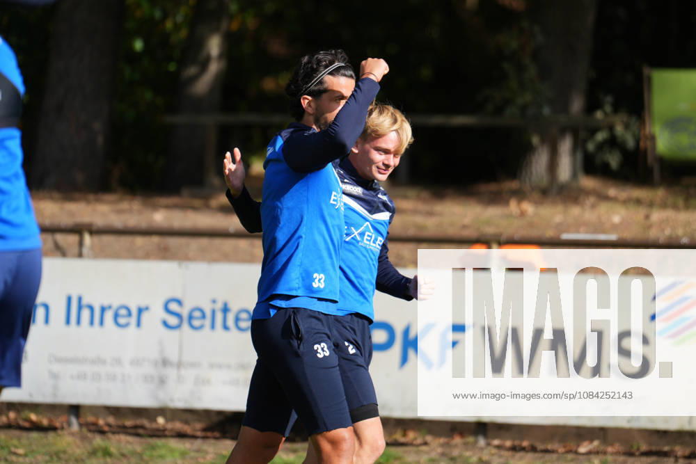 German Soccer, Training Session, 3rd Division, 2026–2027 Season, NVB Campus B, Hänsch Arena Field, SV Meppen, Thursday, October 8, 2026, morning training session: Stefan Rankin of SV Meppen, 33, raises his fist while in the arms of Dominique Domröse of SV Meppen, 2