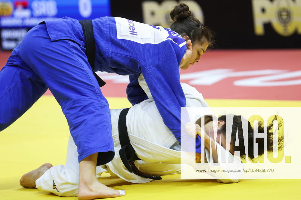 AZERBAIJAN, BAKU - OCTOBER 8, 2026: Madina Taimazova (bottom) of Russia and Aleksandra Andric of Serbia compete in their -70 kg bout as part of the 2026 World Judo Championships at the National Gymnastics Arena. Mikhail Sinitsyn TASS 98954773
