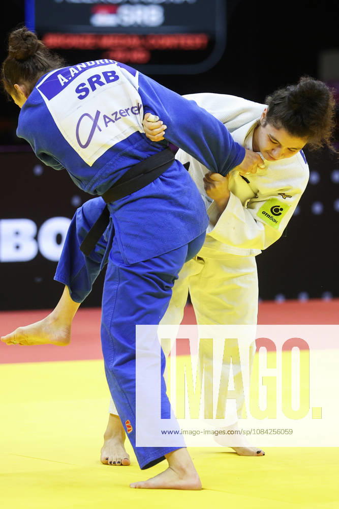 AZERBAIJAN, BAKU - OCTOBER 8, 2026: Madina Taimazova (R) of Russia and Aleksandra Andric of Serbia compete in their -70 kg bout as part of the 2026 World Judo Championships at the National Gymnastics Arena 2026 World Judo Championships In Baku - ZUMAt113 20261008_zaa_t113_482