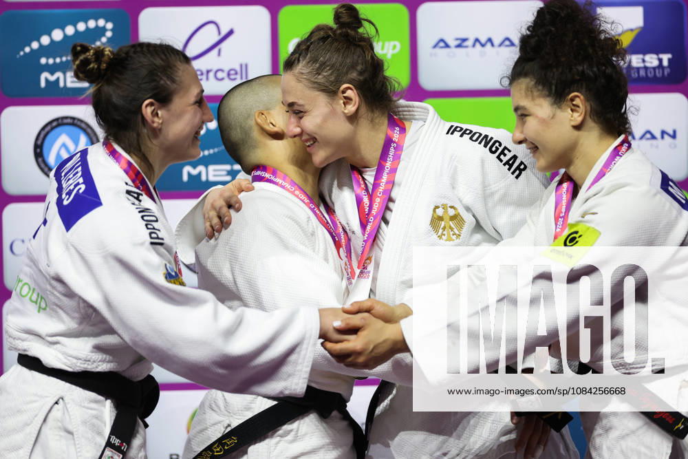 AZERBAIJAN, BAKU - OCTOBER 8, 2026: 2nd placed Giovanna Scoccimarro of Germany, 1st placed Ai Tsunoda Roustant of Spain, 3rd placed Michaela Polleres of Austria and Madina Taimazova (L-R) of Russia are pictured during an award ceremony for the women s -70 kg category during the 2026 World Judo Championships at the National Gymnastics Arena. Mikhail Sinitsyn TASS 98956120