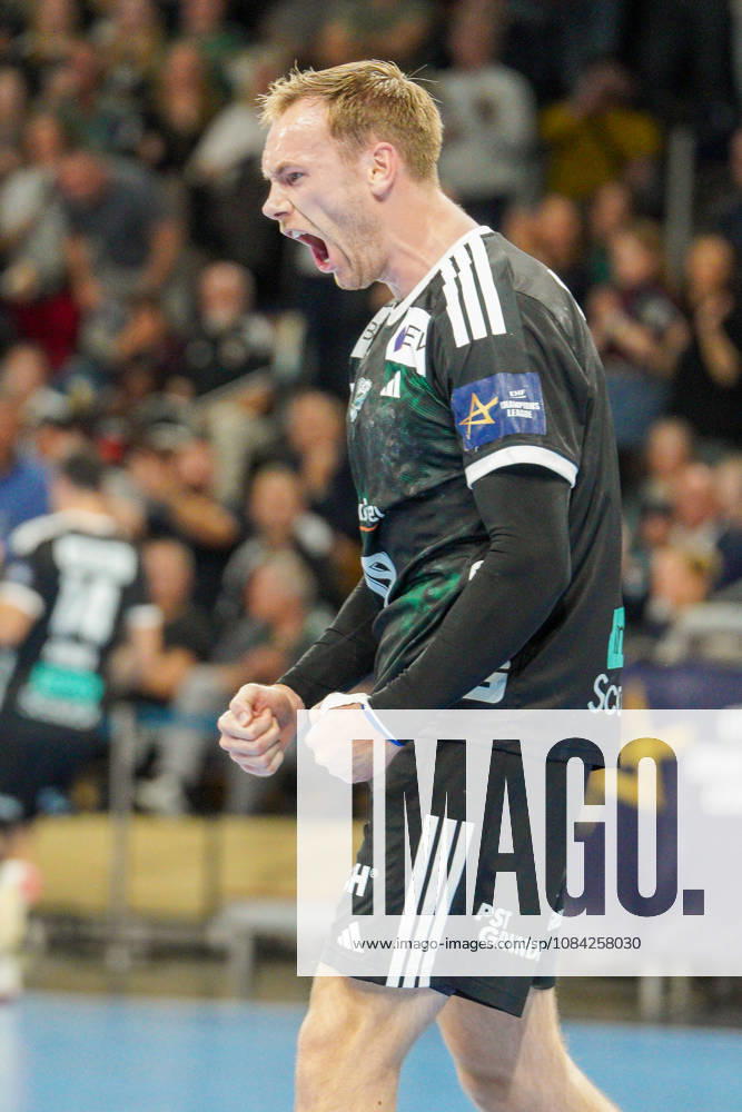 Pictured: Mathias Gidsel, Fuechse Berlin, 19, goal, score, celebration, goal celebration, joy, excitement, celebrating, cheering, October 8, 2026, Fuechse Berlin vs. FC Porto, EHF Handball Champions League, 2026–27 season, Max Schmeling Hall, October 8, 2026, Fuechse Berlin vs. FC Porto, EHF Handball Champions League, 2026–27 season, Max Schmeling Hall