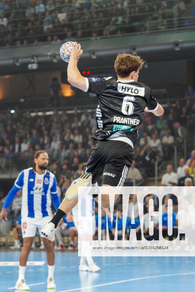 Pictured: Leo Prantner of the Berlin Foxes, No. 6, taking a shot on goal on October 8, 2026; Berlin Foxes vs. FC Porto, EHF Handball Champions League, 2026–27 season, Max Schmeling Hall