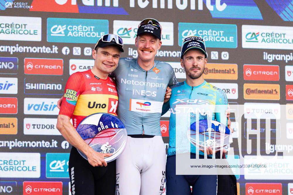 110th Gran Piemonte - Finish The podium of the 110th Gran Piemonte, a 181km stage from Asti to Bra, in Italy, on October 8, 2026; from left Anthon Charmig of Uno-X Mobility, Dorian Godon of Netcompany Ineos and Alberto Bettiol of XDS Astana Team Bra Italy