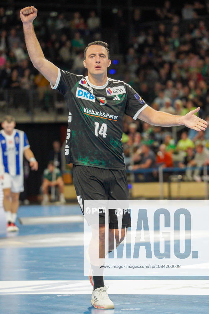 Pictured: Aitor Arino of Fuechse Berlin, 14, goal, score, celebration, goal celebration, joy, excitement, celebrating, cheering, October 8, 2026, Fuechse Berlin vs. FC Porto, EHF Handball Champions League, 2026–27 season, Max Schmeling Hall