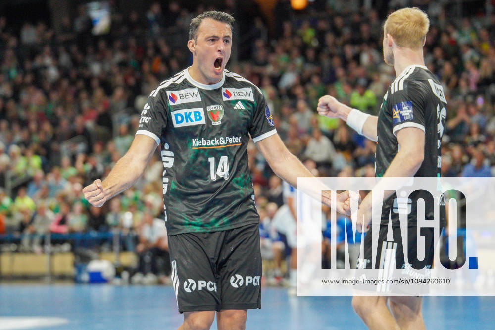 Pictured: Aitor Arino, Füchse Berlin, 14, celebrating, joy, August 10, 2026; Füchse Berlin vs. FC Porto, EHF Handball Champions League, 2026–27 season, Max Schmeling Halle