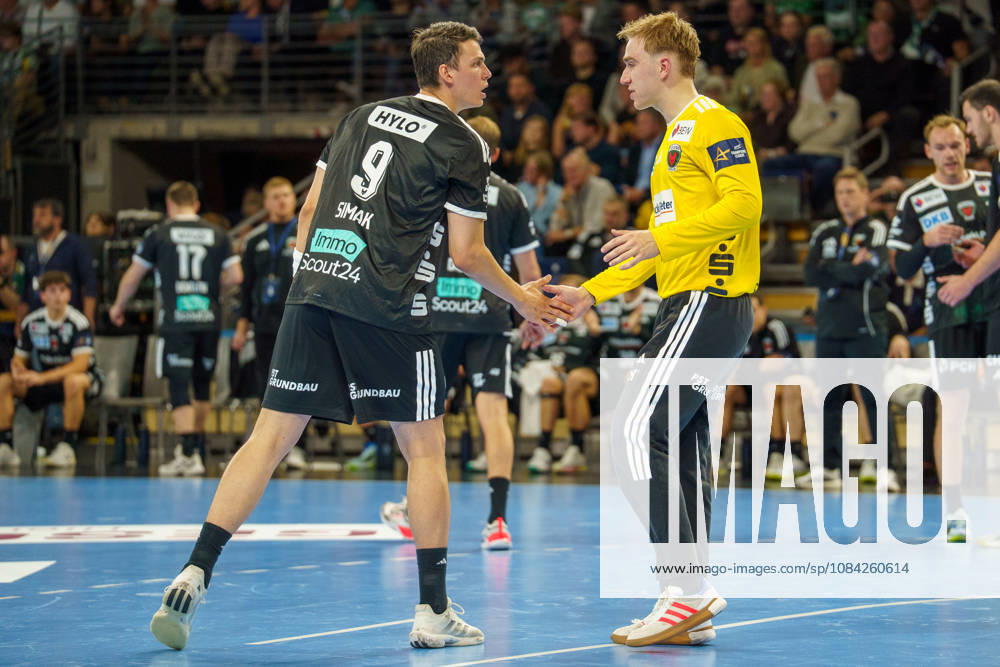 Pictured: Lasse Ludwig, Fuechse Berlin, 1; Frederik Simak, Fuechse Berlin, 9; August 10, 2026; Fuechse Berlin vs. FC Porto, EHF Handball Champions League, 2026–27 season, Max Schmeling Halle