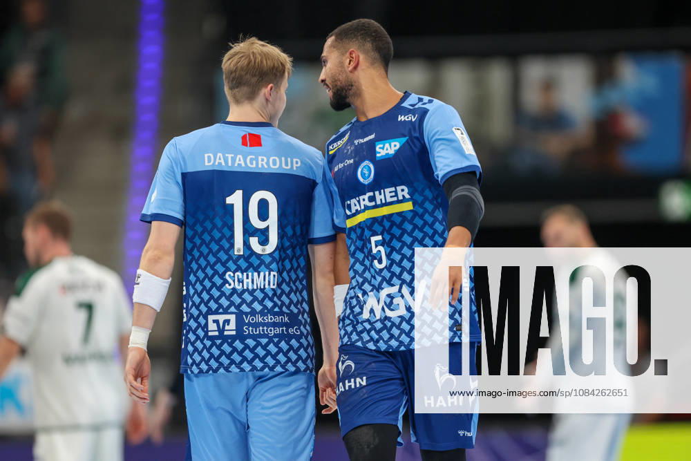 Linus Schmid (TVB Stuttgart), 19, and Philipp Ahouansou (TVB Stuttgart), 5, in conversation GER, TVB Stuttgart vs. HSG Wetzlar, Handball, Opel Handball Bundesliga, Matchday 8, 2026–2027 season, October 8, 2026 GER, TVB Stuttgart vs. HSG Wetzlar, Handball, Opel Handball Bundesliga, Matchday 8, 2026–2027 season, October 8, 2026 Stuttgart