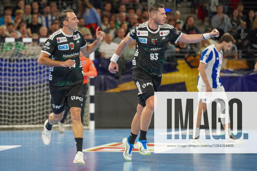 Pictured: Mijajlo Marsenic, Fuechse Berlin, 93, goal, score, celebration, goal celebration, joy, excitement, celebrating, cheering, October 8, 2026, Fuechse Berlin vs. FC Porto, EHF Handball Champions League, 2026–27 season, Max Schmeling Halle