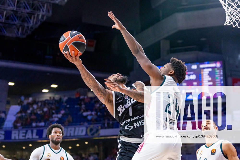 ESP Euroleague: Real Madrid vs. Partizan Belgrade. Carlik Jones of Partizan and Andrés Feliz of Real Madrid during the Euroleague game between Real Madrid and Partizan Mozzart Bet Belgrade, played at Movistar Arena on October 8, 2026, in Madrid, Spain. Madrid, Spain. Basketball
