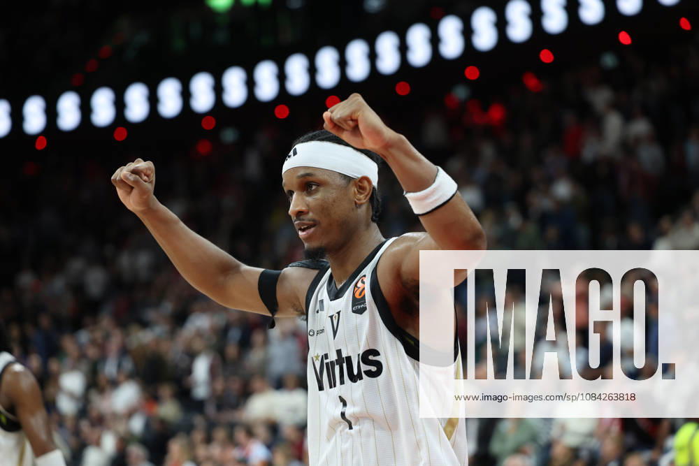 Trent Frazier of Virtus Bologna, No. 01, celebrates the victory; celebration, emotion, GER, FC Bayern Basketball vs. Virtus Bologna, basketball, EuroLeague, Matchday 4, 2026–2027 season, October 8, 2026, GER, FC Bayern Basketball vs. Virtus Bologna, basketball, EuroLeague, Matchday 4, 2026–2027 season, October 8, 2026, Munich