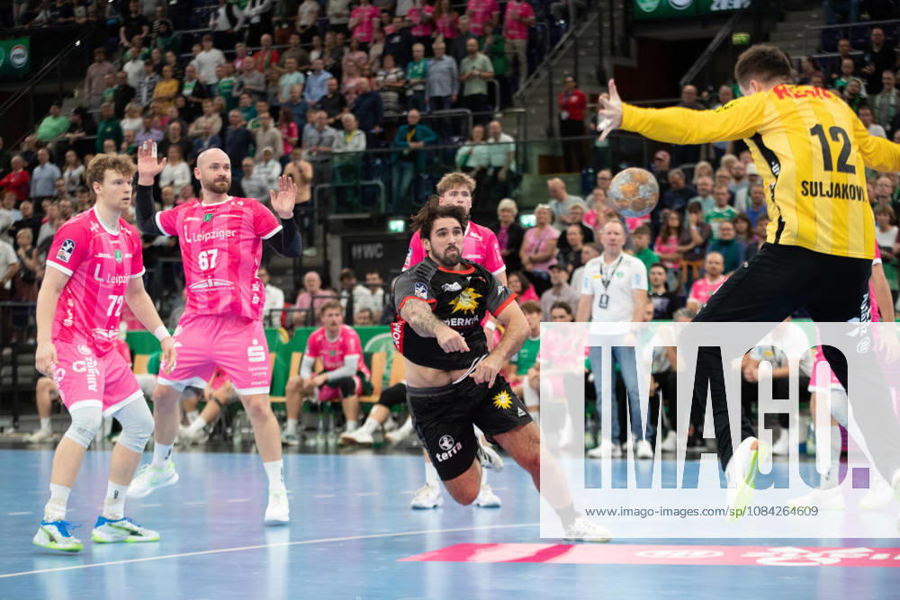 Handball, HBL2 SC DHfK Leipzig vs. TuS N Lübbecke, October 8, 2026; Max Santos 4, TuS N Lübbecke with a shot against goalkeeper Anadin Suljakovic 12, SC DHfK Leipzig Handball, 2nd Bundesliga, 2026–2027 season, Matchday 7: SC DHfK Leipzig vs. TuS N Lübbecke on October 8, 2026, at the Quarterback Immobilien Arena Leipzig