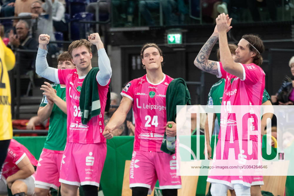 Handball, HBL2: SC DHfK Leipzig vs. TuS N Lübbecke, October 8, 2026. Celebrating, from left: Franz Semper (32), SC DHfK Leipzig; Blaer Hinriksson (24), SC DHfK Leipzig; Dean Bombac 44, SC DHfK Leipzig Handball, 2nd Bundesliga, 2026–2027 season, Matchday 7: SC DHfK Leipzig vs. TuS N Lübbecke on October 8, 2026, at the Quarterback Immobilien Arena Leipzig