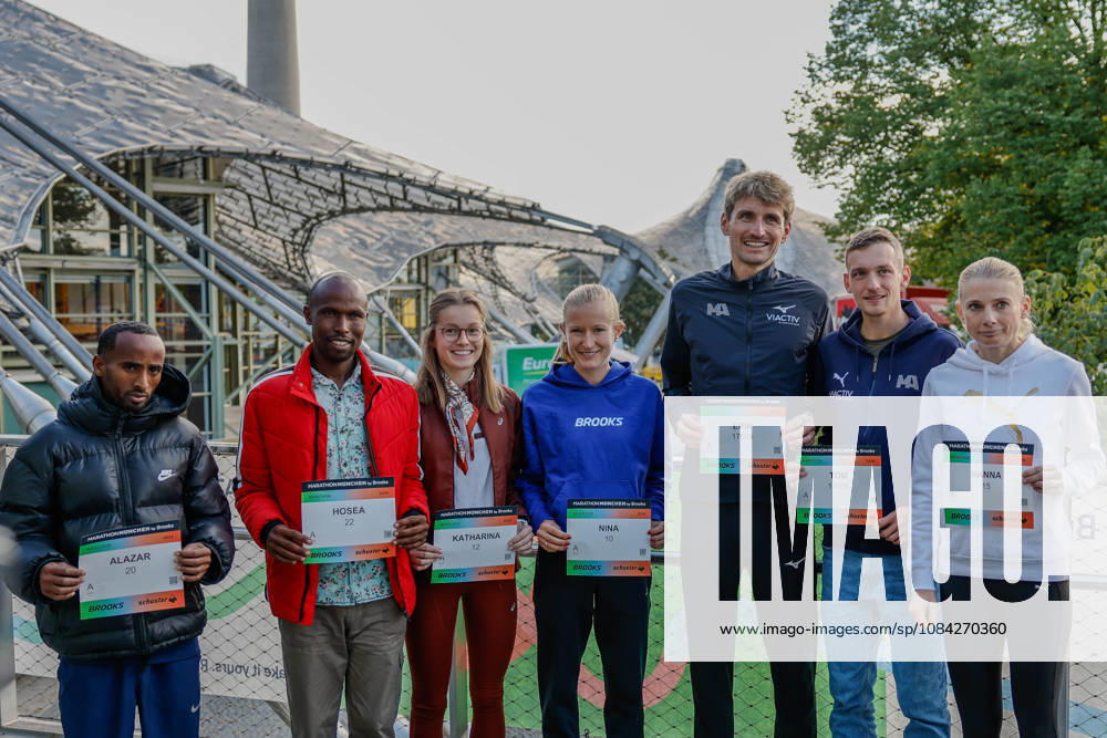 Munich Marathon 2026 Press Conference, Munich, October 9, 2026: Alazar TEREFA (ETH), Hosea Tuwei (KEN), Katharina Saathoff (GER), Nina Reuter (GER), Erik Hille (GER), Tom Thurley (GER), Hanna LINDHOLM (SWE). Ahead of the Munich Marathon, Erik Hille and Tom Thurley will run the half marathon, with Erik Hille using the race as a preparatory run for the Valencia Marathon. Photo taken during the Munich Marathon 2026 press conference in Munich