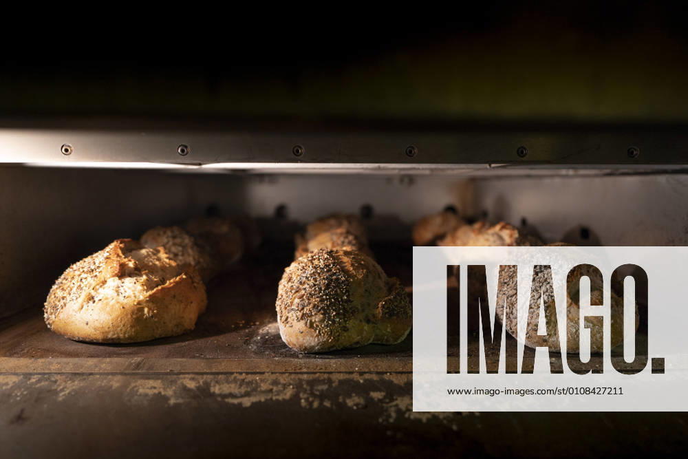 Loaves of delicious bread with crispy crust in hot oven, Model released
