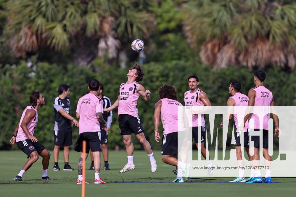 FORT LAUDERDALE, FL - OCTOBER 09: Inter Miami CF midfielder Matias Galarza (80) heads a ball during an Inter Miami Training Session at Florida Blue Training Center on October 09, 2026 in Fort Lauderdale, Florida.(Photo by Chris Arjoon Icon Sportswire). SOCCER: OCT 09 Inter Miami CF Training Icon2610090000014