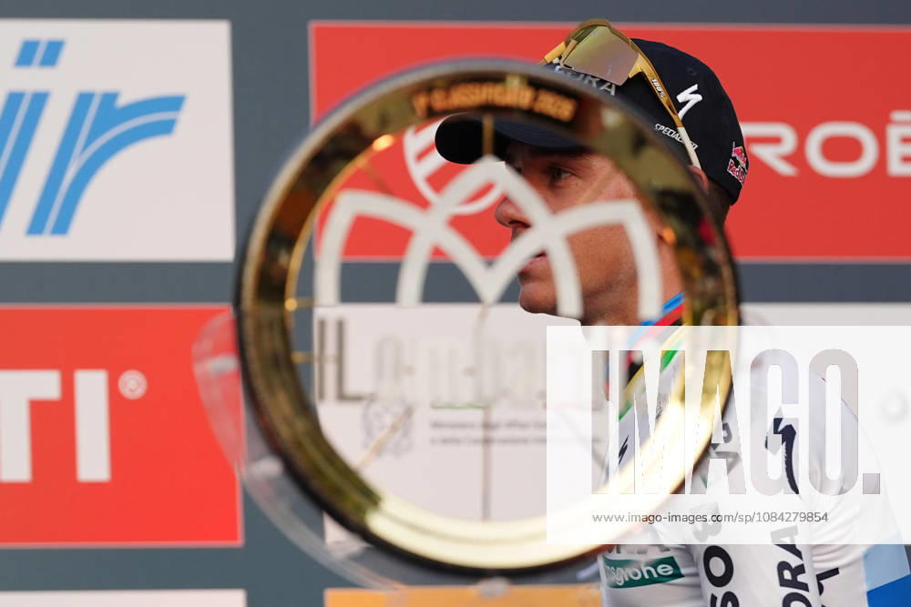 Belgium s Remco Evenepoel of Red Bull - Bora - Hansgrohe during the team presentation on the eve of the 120th edition of Il Lombardia cycling race, in Bergamo on October 9, 2026, prior to the 239 km one-day race from Bergamo to Como, Italy.