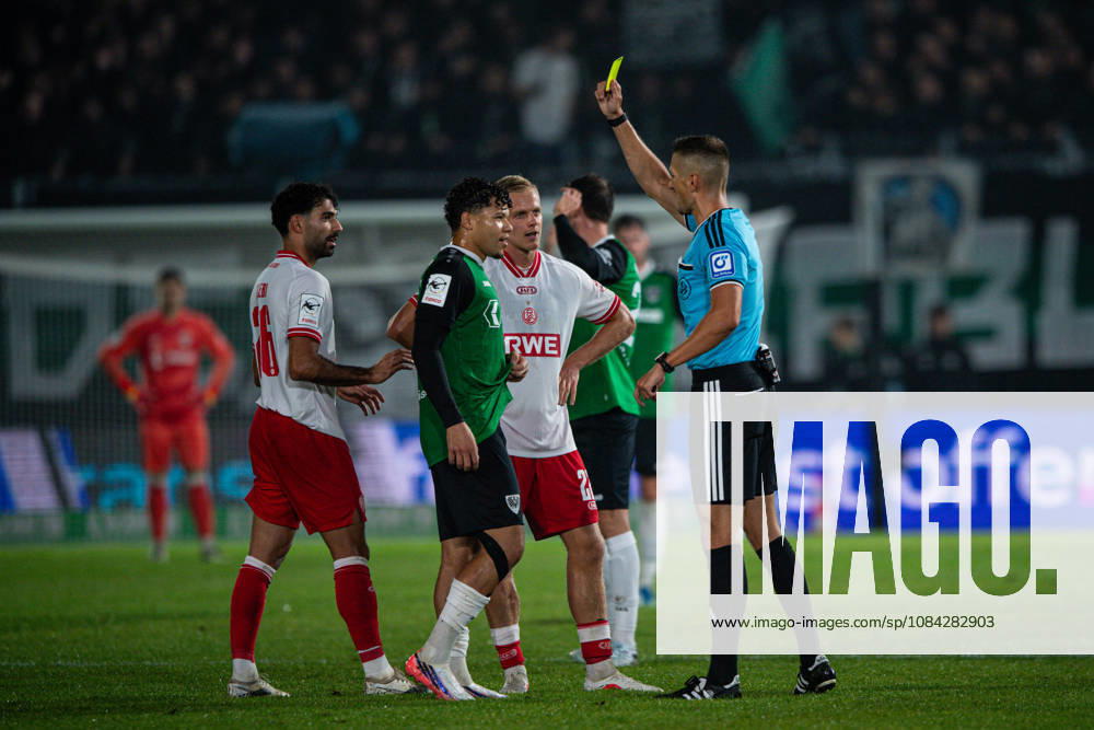3rd Division, Matchday 8, SC Preußen Münster vs. Rot-Weiss Essen at the LVM Preußenstadion. Yellow card for goal scorer Montell Ndikom (Münster). IMPORTANT NOTICE: In accordance with DFB and DFL regulations, it is prohibited to use or allow the use of photographs taken in the stadium and or during the game in the form of sequential images and or video-like photo series