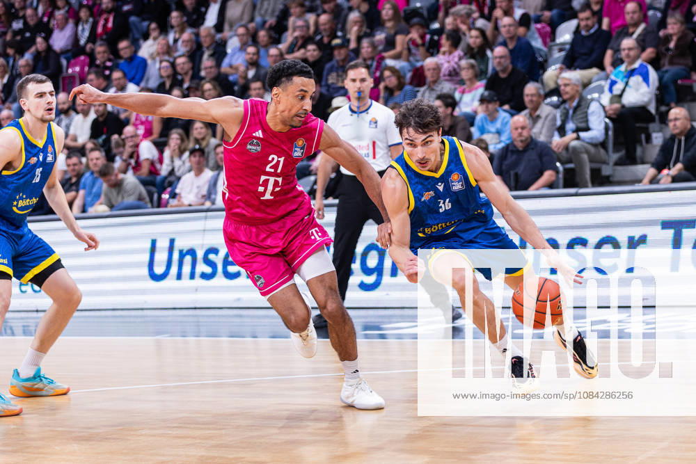 EasyCredit Basketball Bundesliga, Telekom Baskets Bonn vs. Science City Jena, October 9, 2026: Kristofer Krause (Science City Jena) 36 vs. Joel Aminu (Telekom Baskets Bonn) 21; easyCredit Basketball Bundesliga, Telekom Baskets Bonn vs. Science City Jena, October 9, 2026, Telekom Dome Bonn