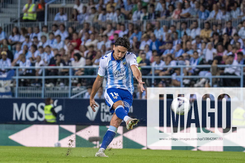 Pablo Martinez (N18) shots to the crossbar during La Liga match between Malaga and RCD Espanyol at the Estadio de la Rosaleda on the 9th of October, 2026 in Malaga, Spain