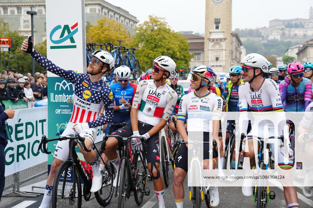 Italy s Simone Gualdi of Lotto Intermarchà , Mexico s Isaac Del Toro Romero of UAE Team Emirates XRG, Belgium s Remco Evenepoel of Red Bull - Bora - Hansgrohe and USA s Brandon McNulty of UAE Team Emirates XRG during the 120th edition of the Il Lombardia, Tour of Lombardy cycling race, a 239 km one day race from Bergamo to Como on October 10, 2026, Italy.